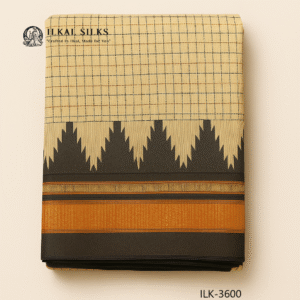 Temple chaduranga Yellow Saree with Black Checkered border Chikki Paras And Temple ILK3600
